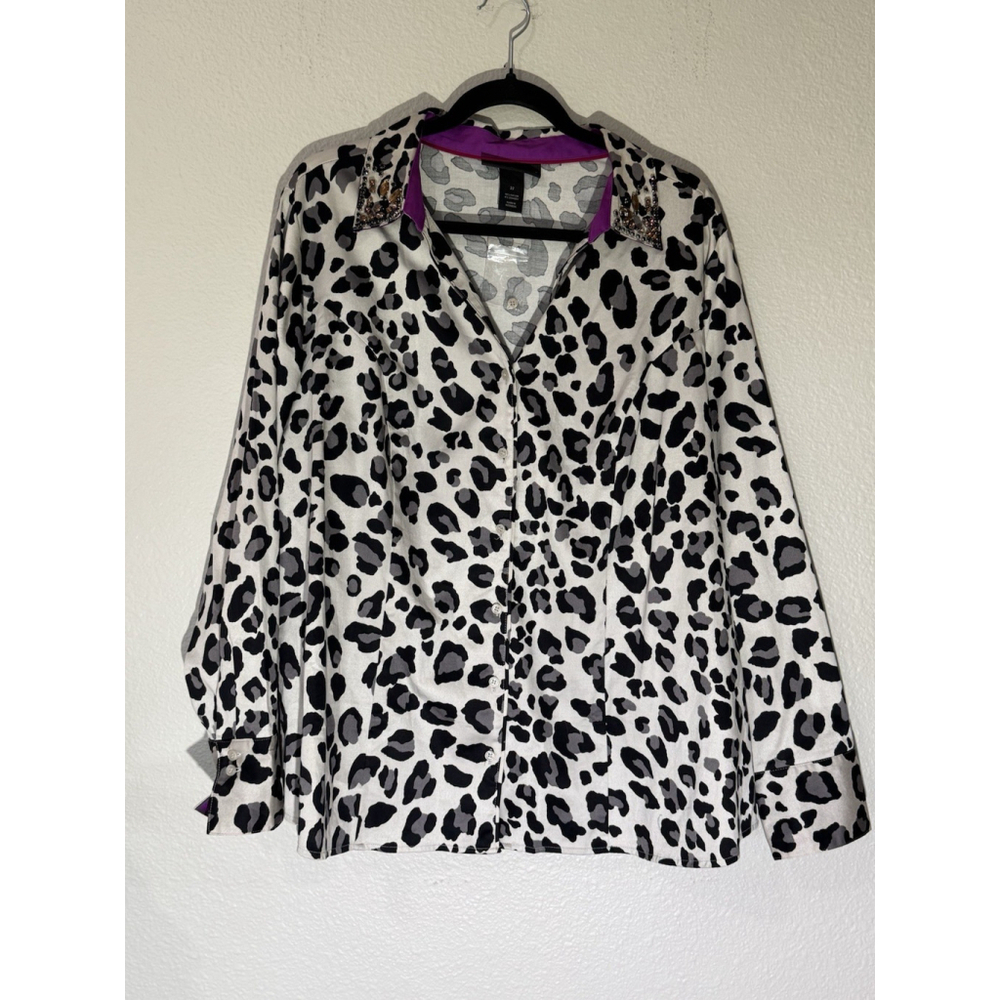 LANE BRYANT Leopard Print Blouse 22 Embellished Collar Button Front Purple Cuffs - Picture 7 of 11